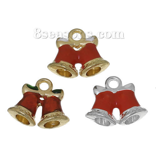 Picture of Zinc Metal Alloy Charms Christmas Jingle Bell Bowknot Carved At Random Mixed Enamel 16mm( 5/8") x 14mm( 4/8"), 10 PCs