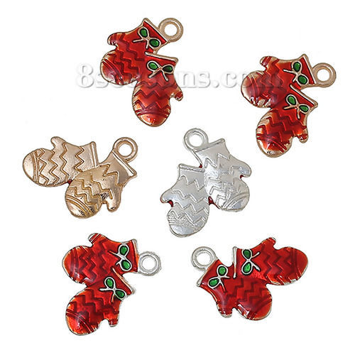 Picture of Zinc Metal Alloy Charms Christmas Gloves Bowknot Carved At Random Mixed Red & Green Enamel 17mm( 5/8") x 16mm( 5/8"), 10 PCs
