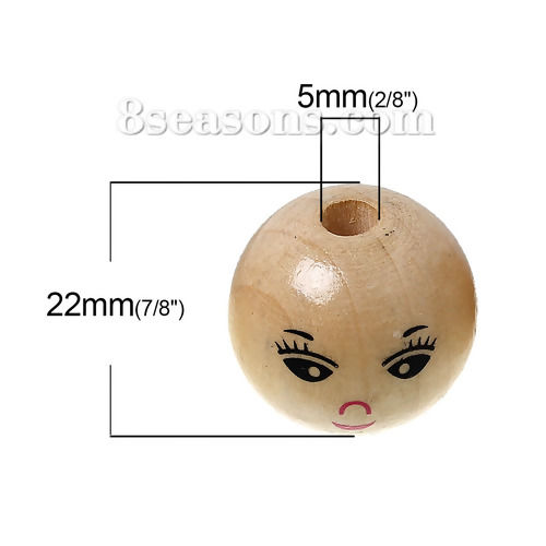 Picture of Wood Spacer Beads Ball Natural Smile Pattern About 22mm Dia, Hole: Approx 5mm, 30 PCs