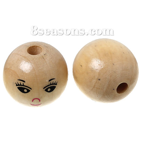 Picture of Wood Spacer Beads Ball Natural Smile Pattern About 22mm Dia, Hole: Approx 5mm, 30 PCs