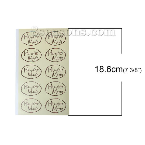 Picture of Paper Seals Stickers Labels Oval Pale Yellow Leaf Message " Hand Made " Pattern 50mm(2") x 34mm(1 3/8"), 10 Sheets (Approx 10 PCs/ Sheets)