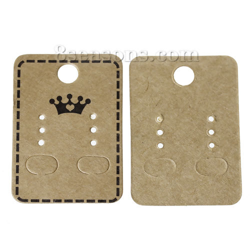 Picture of Paper Jewelry Earrings Ear Studs Display Cards Rectangle Brown Crown Pattern 45mm(1 6/8") x 32mm(1 2/8"), 50 Sheets