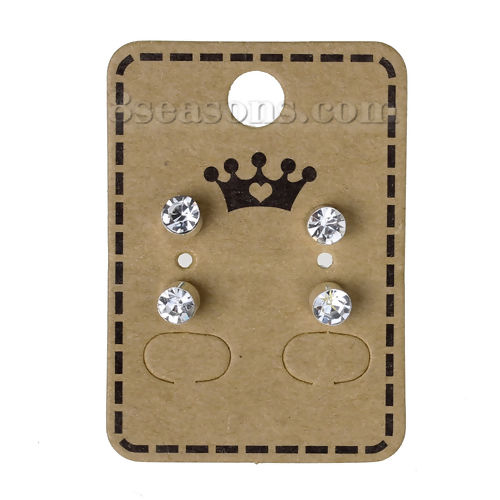 Picture of Paper Jewelry Earrings Ear Studs Display Cards Rectangle Brown Crown Pattern 45mm(1 6/8") x 32mm(1 2/8"), 50 Sheets