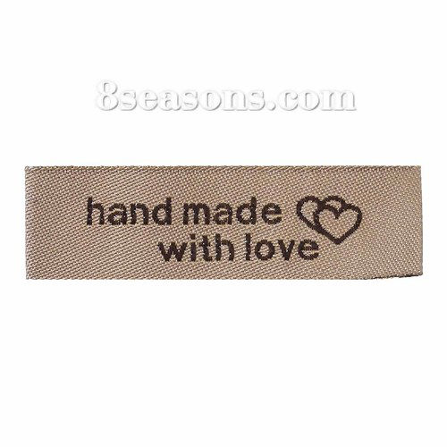 Immagine di Poliestere Etichette Stampate DIY Scrapbooking Craft Rettangolo Caffè Chiaro Cuore Lettere" Hand Made With Love " 50mm x 15mm, 50 Pz