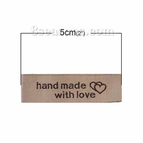 Immagine di Poliestere Etichette Stampate DIY Scrapbooking Craft Rettangolo Caffè Chiaro Cuore Lettere" Hand Made With Love " 50mm x 15mm, 50 Pz