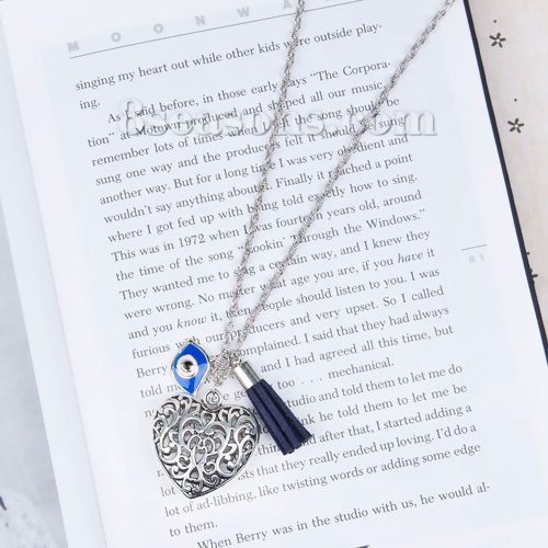 Picture of New Fashion Link Cable Chain Textured Antique Silver Color Heart Evil Eye Pendant Necklace With Terylene Tassel At Random 86cm(33 7/8") long, 1 Piece