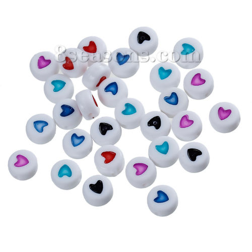 Picture of Acrylic Bubblegum Beads Round White Heart Carved At Random Mixed Enamel About 7mm Dia, Hole: Approx 1mm, 200 PCs