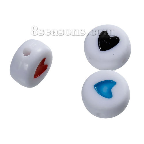 Picture of Acrylic Bubblegum Beads Round White Heart Carved At Random Mixed Enamel About 7mm Dia, Hole: Approx 1mm, 200 PCs
