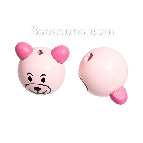 Picture of Hinoki Wood 3D Beads Bear Pink Smile Pattern About 29mm x27mm - 27mm x27mm, Hole: Approx 4.8mm - 4mm, 10 PCs