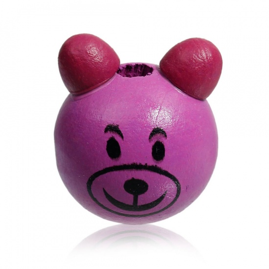 Picture of Hinoki Wood 3D Beads Bear Pink Smile Pattern About 29mm x27mm - 27mm x27mm, Hole: Approx 4.8mm - 4mm, 10 PCs