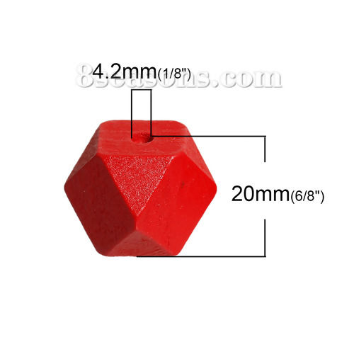 Immagine di Legno di Hinoki Separatori Perline Poligono Rosso Sfaccettato Circa 20mm x 20mm, Foro: Circa 4.2mm, 20 Pz