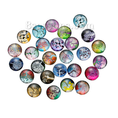 Picture of Glass Dome Seals Cabochon Round Flatback At Random Mixed Tree Pattern Transparent 12mm( 4/8") Dia, 10 PCs