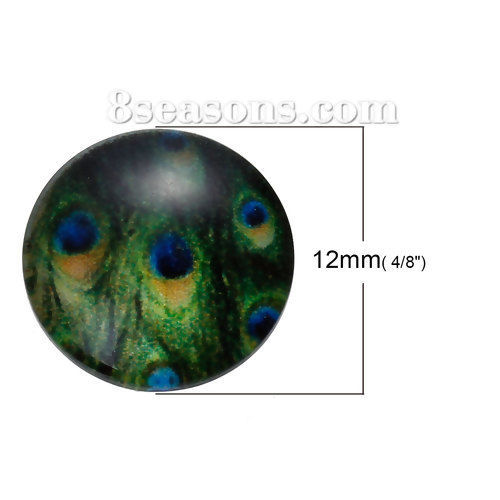 Immagine di Vetro Cupola Dome Seals Cabochon Tondo Flatback A Random Pavone Piuma Disegno Trasparente 12mm Dia, 10 Pz