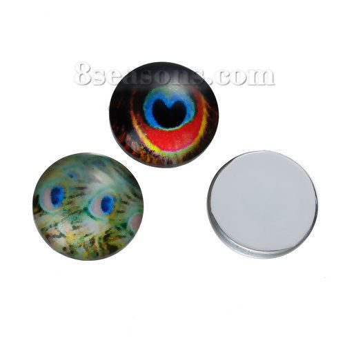 Immagine di Vetro Cupola Dome Seals Cabochon Tondo Flatback A Random Pavone Piuma Disegno Trasparente 12mm Dia, 10 Pz