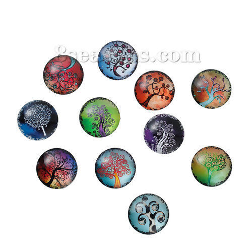 Image de Cabochon Dôme en Verre Rond Arbre de Vie Couleur au Hasard Transparent 20mm Dia, 10 Pcs