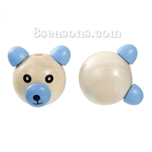 Picture of Natural Hinoki Wood 3D Beads Bear Animal Blue About 29mm x27mm - 26mm x25mm, Hole: Approx 5mm-6mm, 5 PCs