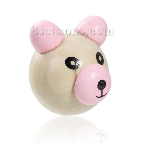 Picture of Natural Hinoki Wood 3D Beads Bear Animal Pink About 29mm x27mm - 26mm x25mm, Hole: Approx 5mm-6mm, 5 PCs