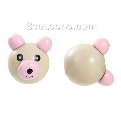 Picture of Natural Hinoki Wood 3D Beads Bear Animal Pink About 29mm x27mm - 26mm x25mm, Hole: Approx 5mm-6mm, 5 PCs