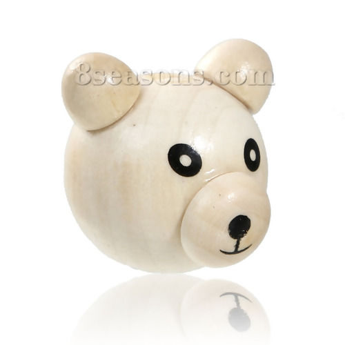 Picture of Natural Hinoki Wood 3D Beads Bear Animal About 29mm x27mm - 26mm x25mm, Hole: Approx 5mm-6mm, 5 PCs