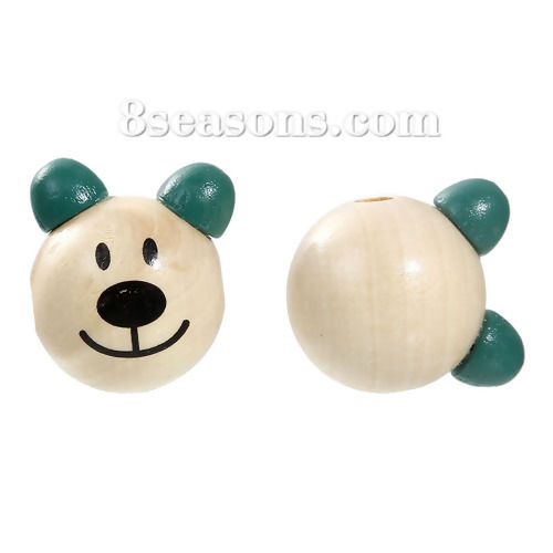 Picture of Natural Hinoki Wood 3D Beads Bear Animal Green About 29mm x24mm - 26mm x25mm, Hole: Approx 5mm-6mm, 5 PCs