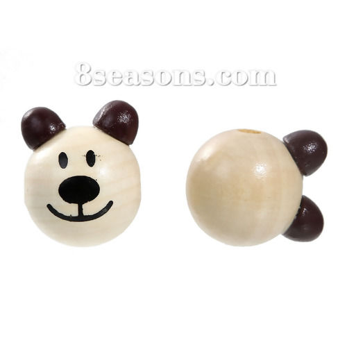 Picture of Natural Hinoki Wood 3D Beads Bear Animal Coffee About 29mm x24mm - 26mm x25mm, Hole: Approx 5mm-6mm, 5 PCs