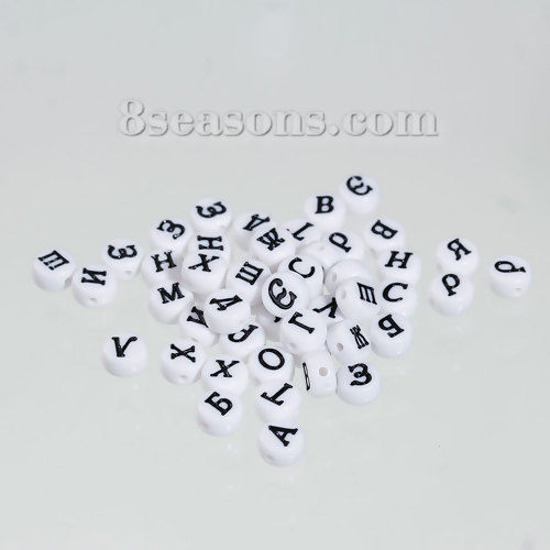 Picture of Acrylic Beads Round White Initial Alphabet/ Letter Pattern About 7mm Dia, Hole: Approx 1mm, 4000 PCs