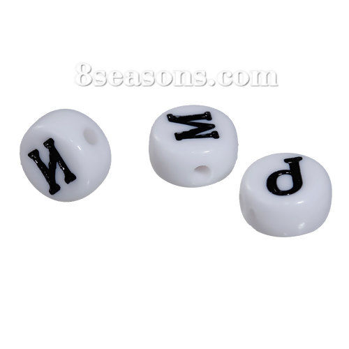 Picture of Acrylic Beads Round White Initial Alphabet/ Letter Pattern About 7mm Dia, Hole: Approx 1mm, 4000 PCs