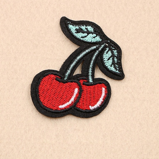 Picture of Fabric Embroidery Appliques Patches DIY Scrapbooking Craft Red Cherry Fruit 5.2cm(2") x 4.5cm(1 6/8"), 5 PCs