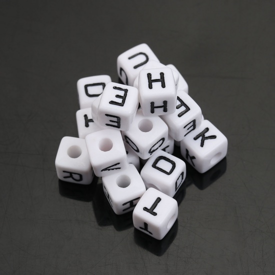 Picture of Acrylic Spacer Beads Cube White At Random Mixed Alphabet/ Letter About 10mm x 10mm, Hole: Approx 3.8mm, 500 PCs