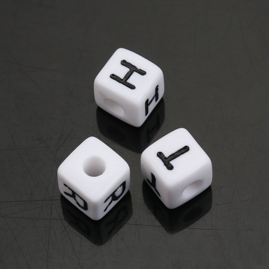 Picture of Acrylic Spacer Beads Cube White At Random Mixed Alphabet/ Letter About 10mm x 10mm, Hole: Approx 3.8mm, 500 PCs