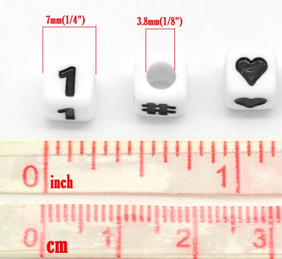 Picture of Acrylic Spacer Beads Cube White At Random Mixed Number & Symbol About 7mm x 7mm, Hole: Approx 3.8mm, 1500 PCs