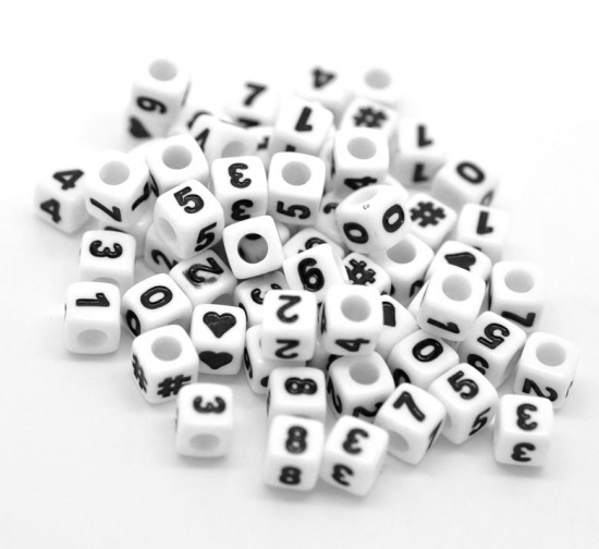 Picture of Acrylic Spacer Beads Cube White At Random Mixed Number & Symbol About 7mm x 7mm, Hole: Approx 3.8mm, 1500 PCs