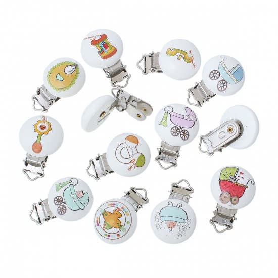 Picture of Wood Baby Pacifier Clip Round At Random Mixed Baby Series Pattern 4.4cm(1 6/8") x 3cm(1 1/8"), 25 PCs