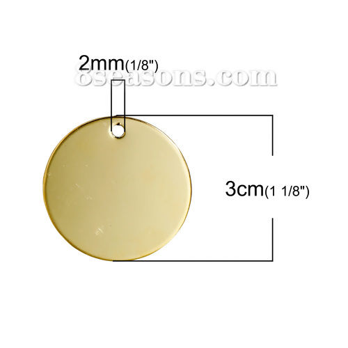 Picture of 304 Stainless Steel Pendants Round Gold Plated Blank Stamping Tags One Side 30mm Dia., 10 PCs