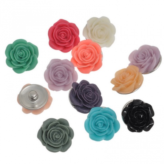 Picture of Resin Snap Buttons Rose Flower Silver Tone At Random Mixed Fit Snap Button Bracelets 21mm( 7/8") x 11mm( 3/8"), Knob Size: 5.5mm( 2/8"), 60 PCs
