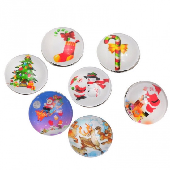 Picture of 18mm Glass Snap Buttons Round Silver Tone At Random Mixed Christmas Pattern Fit Snap Button Bracelets, Knob Size: 5.5mm( 2/8"), 12 PCs