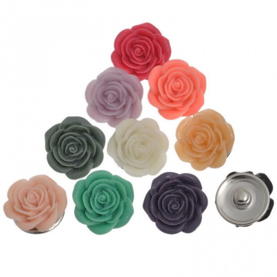 Picture of Resin Snap Buttons Rose Flower Silver Tone At Random Mixed Fit Snap Button Bracelets 21mm( 7/8") x 11mm( 3/8"), Knob Size: 5.5mm( 2/8"), 12 PCs