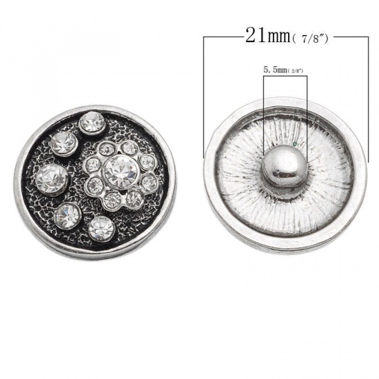 Picture of 21mm Snap Buttons Round Antique Silver At Random Mixed Rhinestone Pattern Carved Fit Snap Button Bracelets, Knob Size: 5.5mm( 2/8"), 6 PCs