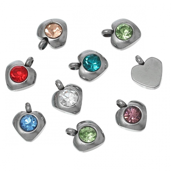 Picture of 304 Stainless Steel Charm Pendants Heart Silver Tone At Random Mixed Rhinestone 9mm( 3/8") x 8mm( 3/8"), 5 PCs