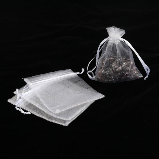 Picture of Wedding Gift Organza Jewelry Bags Drawstring Rectangle White 10cm x8cm(3 7/8" x3 1/8"), (Usable Space: 8x8cm) 300 PCs