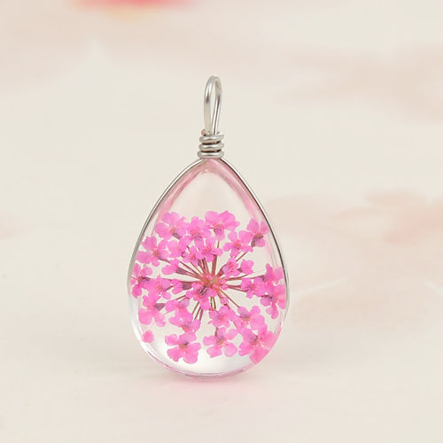 Picture of Real Dried Flower Transparent Glass Globe Bubble Bottle Charms Drop Pink 25mm x 13mm, 1 Piece