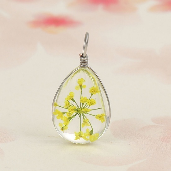 Picture of Real Dried Flower Transparent Glass Globe Bubble Bottle Charms Drop Pink 25mm x 13mm, 1 Piece