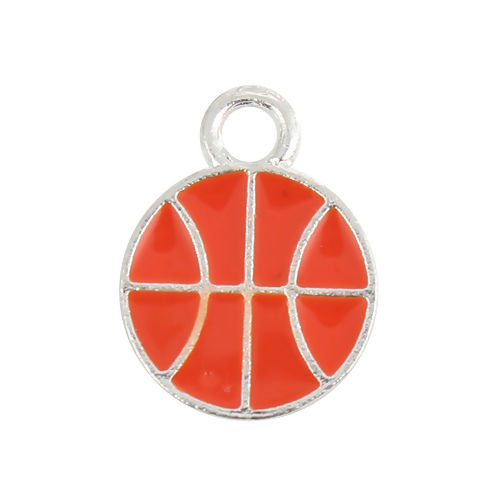 Picture of Zinc Based Alloy Disc Charms Basketball Silver Plated Orange-red Enamel 16mm x 12mm, 2 PCs