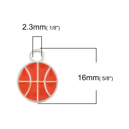 Picture of Zinc Based Alloy Disc Charms Basketball Silver Plated Orange-red Enamel 16mm x 12mm, 2 PCs