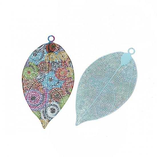 Picture of Brass Enamel Painting Pendants Multicolor Leaf Spiral Filigree Stamping 78mm x 42mm, 1 Piece                                                                                                                                                                  