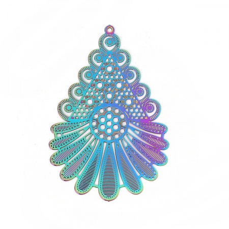Brass Enamel Painting Pendants Multicolor Feather Filigree Stamping 47mm x 31mm, 1 Pair