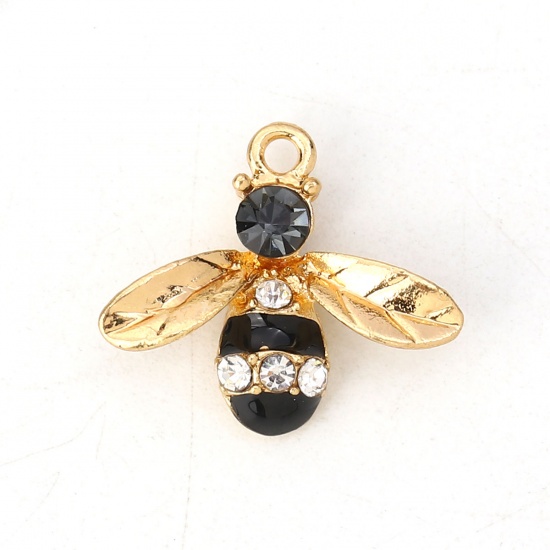 Picture of Zinc Based Alloy Charms Bee Animal Gold Plated Black Clear Rhinestone Enamel 17mm x 15mm, 2 PCs