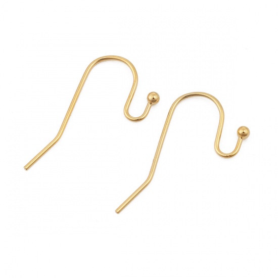Picture of Brass Ear Wire Hooks Earring Findings 18K Real Gold Plated 21mm x 11mm, Post/ Wire Size: (21 gauge), 2 PCs                                                                                                                                                    