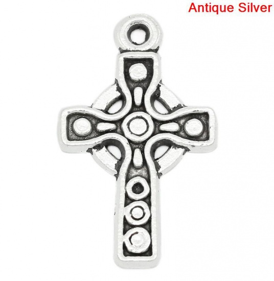 Picture of Zinc Based Alloy Easter Charms Cross Antique Silver Color Dot Carved 26mm(1") x 16mm( 5/8"), 4 PCs