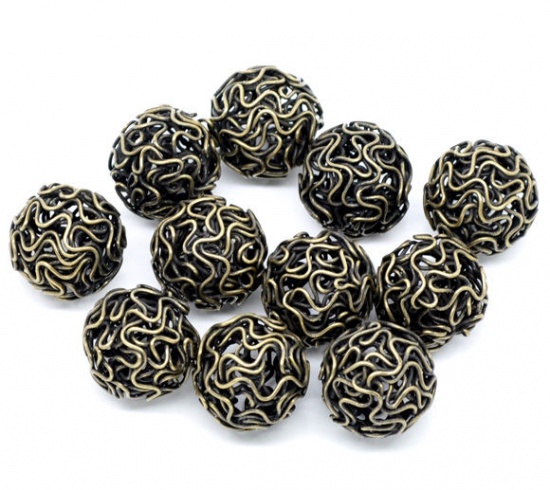 Bild von Legierung Drahtkugeln Geflecht Perlen Bronzefarbe Blumen Filigran ca. 18mm D., 2 Stück
